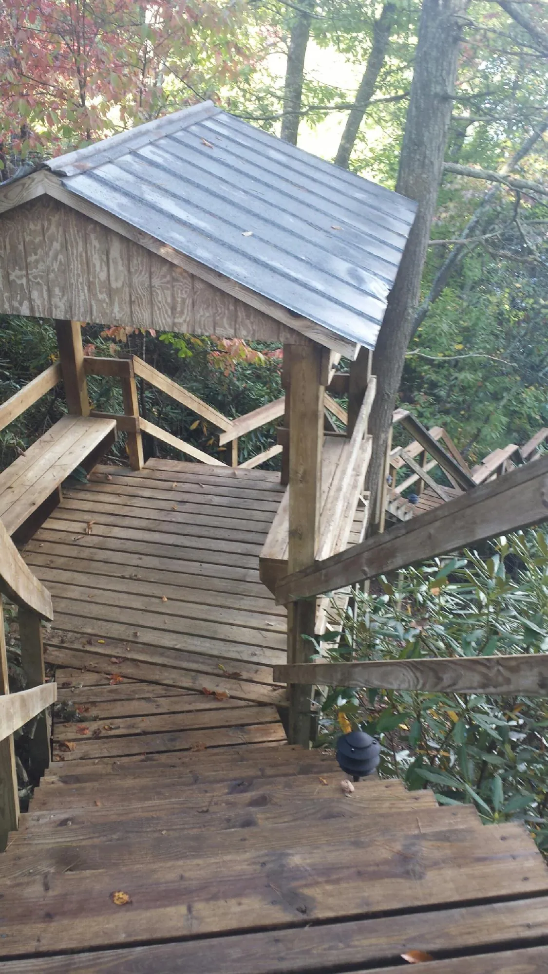 Metal roofed shelter over wooden steps on a wooded walkway — Skylight Repair & Installation work by our crew in Eutaw